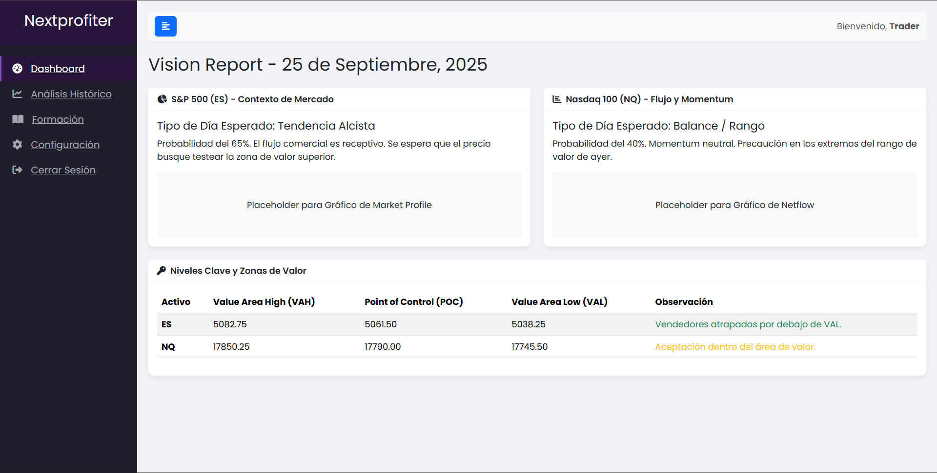Ejemplo del Vision Dashboard de Nextprofiter.